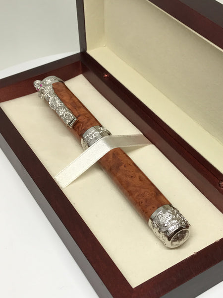 Oriental Dragon Fountain Pen - Rhodium & Rhodium - Amboyna Burl