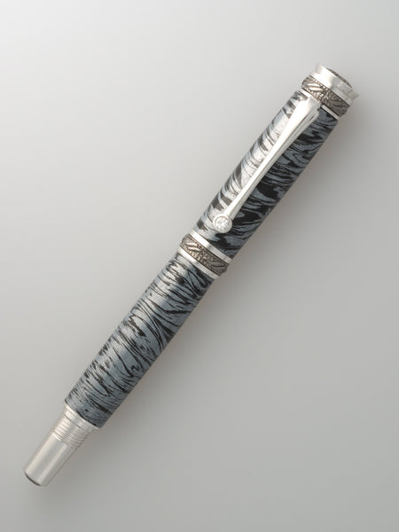 Majestic Jr Fountain Pen - Black Titanium & Rhodium - Damascus Steel