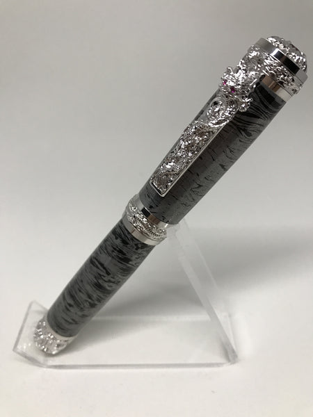 Oriental Dragon Fountain Pen - Rhodium & Rhodium - Damascus Steel